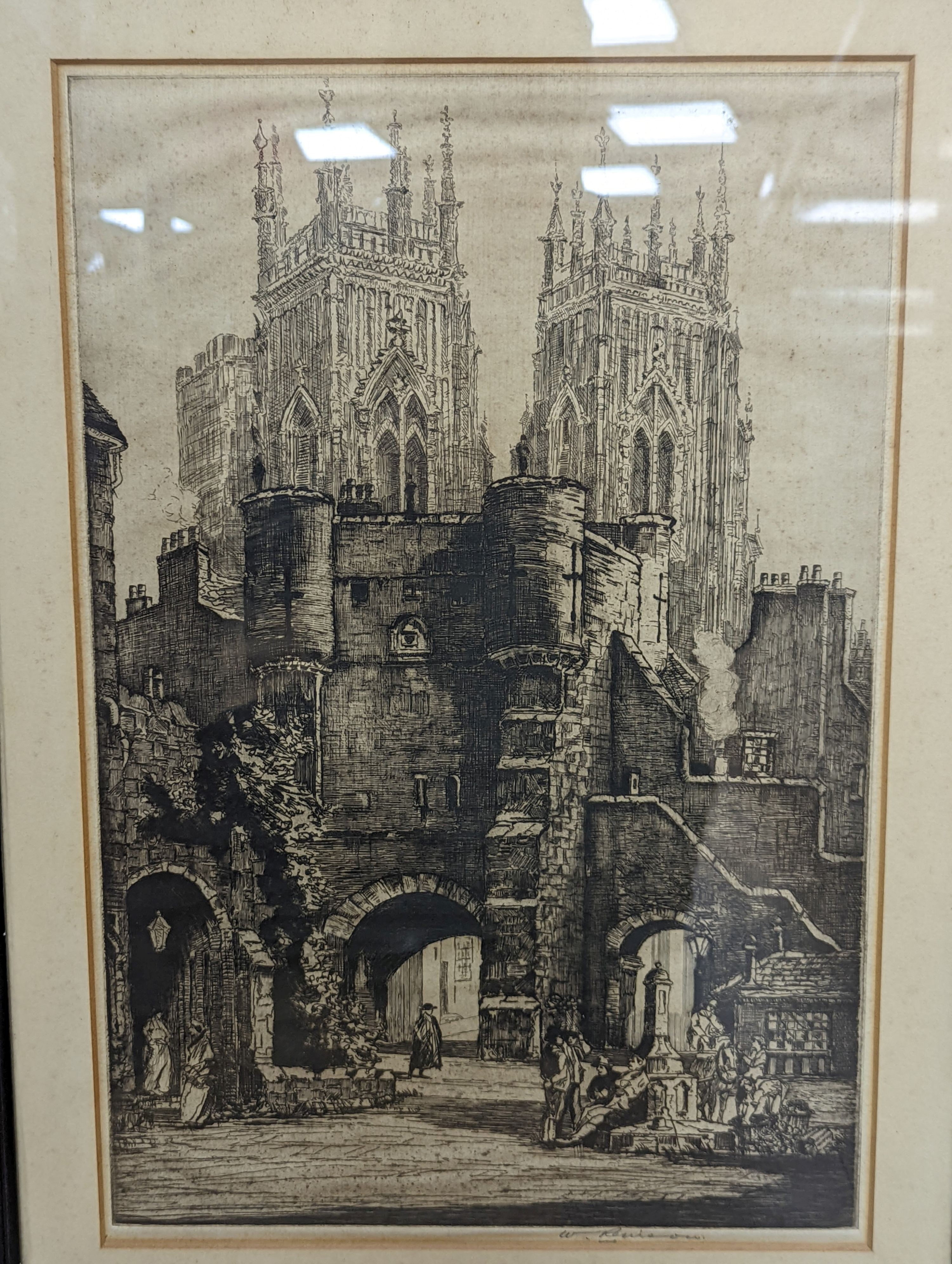 A group of four assorted etchings with Views of Cambridge, Gloucester and other cathedral towns, largest 46 x 31cm